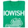 Heather green t-shirt featuring the word IOWiSH in white text, with the letter i dotted by a shamrock and the state of Iowa outlined in white and filled with a pattern of shamrocks.