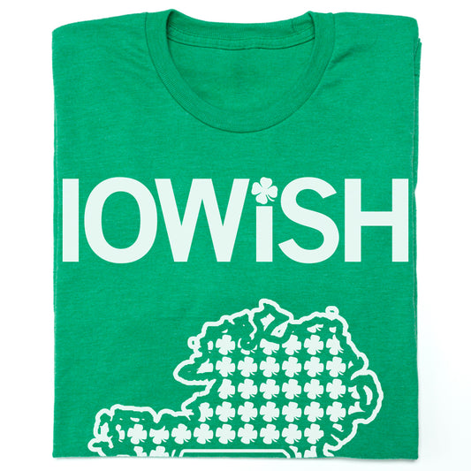 Heather green t-shirt featuring the word IOWiSH in white text, with the letter i dotted by a shamrock and the state of Iowa outlined in white and filled with a pattern of shamrocks.