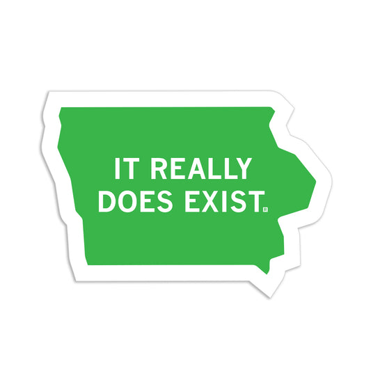 Green RAYGUN sticker in the shape of Iowa with the white text, IT REALLY DOES EXIST.