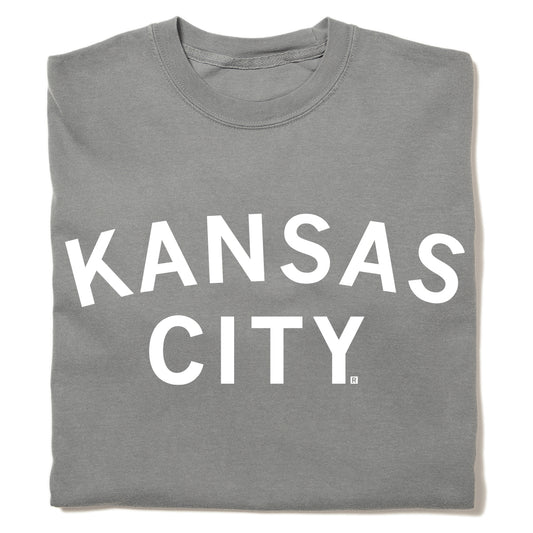 Gray heavyweight cotton t-shirt with KANSAS CITY printed in white letters on the front.
