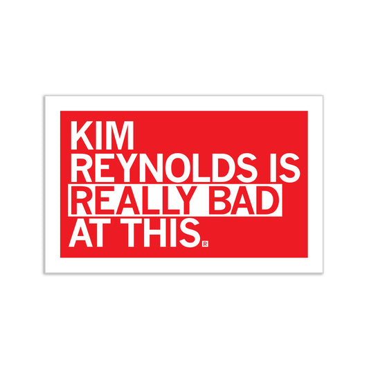 Red RAYGUN vinyl sticker with white text that reads, KIM REYNOLDS IS REALLY BAD AT THIS.