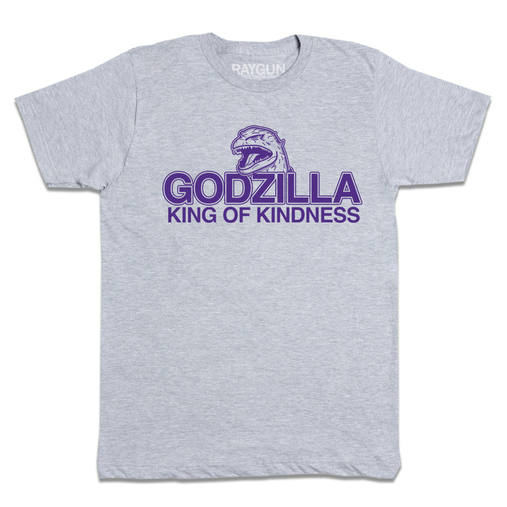 Heather grey t-shirt with purple ink that says, "Godzilla King of Kindness" with Godzilla's head emerging above the text.