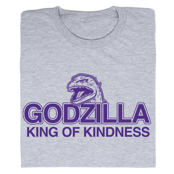 A folded heather grey t-shirt with purple ink that says, 