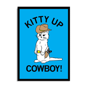 A white cat wears a cowboy hat and gun holster against a bright blue background with the text KITTY UP COWBOY! on this RAYGUN postcard.