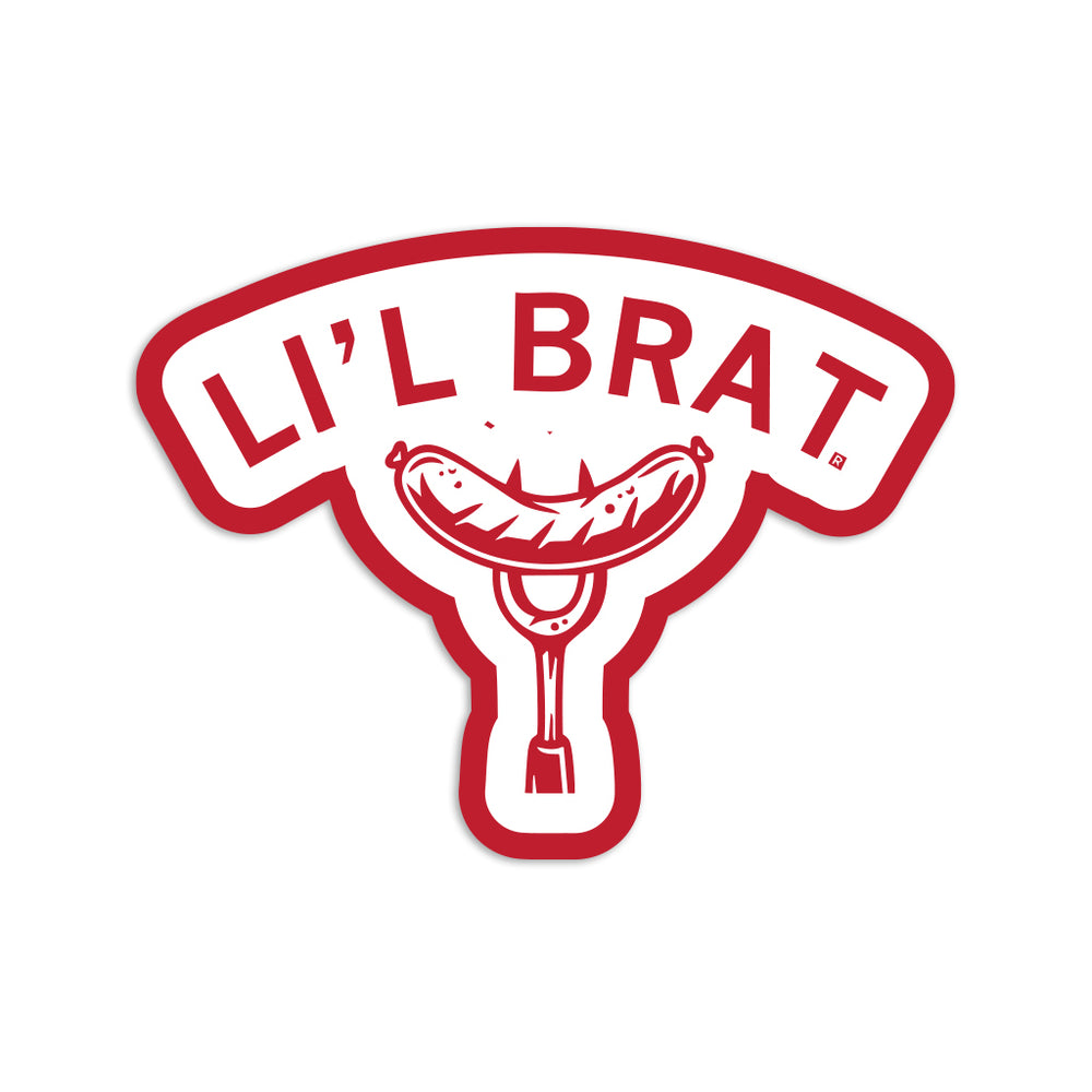 A die-cut sticker of "Li'l brat" over an image of a bratwurst on a fork.