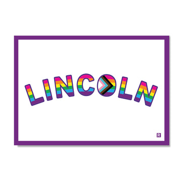 The word LINCOLN in rainbow-striped letters, with the letter O replaced by a Progress Pride flag symbol, enclosed in a purple rectangular border on a RAYGUN postcard.