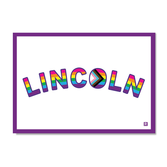 The word LINCOLN in rainbow-striped letters, with the letter O replaced by a Progress Pride flag symbol, enclosed in a purple rectangular border on a RAYGUN postcard.