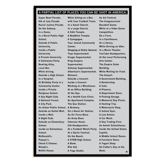 A RAYGUN poster titled A Partial List of Places You Can Be Shot in America, listing numerous public locations, businesses, and community settings in three columns, highlighting realities made in the USA.