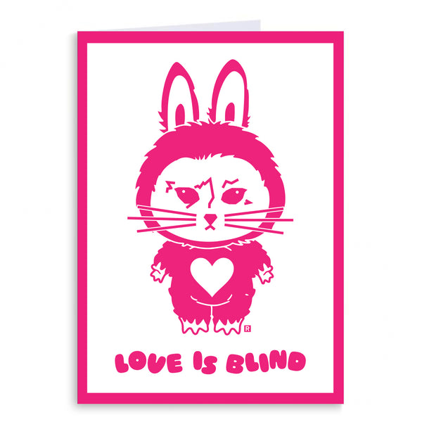 A white card with a hot pink border and image of RAYGUN's cat mascot dressed like a labubu above the text 
