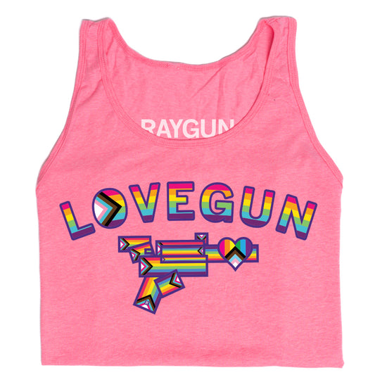 Neon pink tank top featuring LOVEGUN in rainbow-colored letters, a rainbow-striped ray gun graphic, and a pride heart, with RAYGUN printed at the neckline.