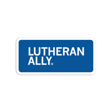 A blue rectangular Lutheran Ally vinyl sticker with white text.