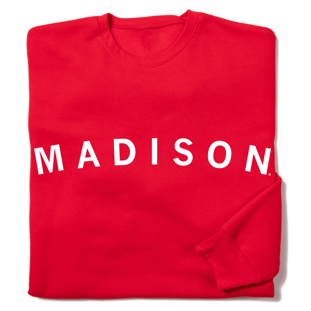 Red sweatshirt with white ink text that reads "Madison"