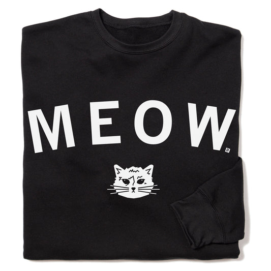 Black RAYGUN sweatshirt featuring the word MEOW in large white letters above a simple white line drawing of a cat face.