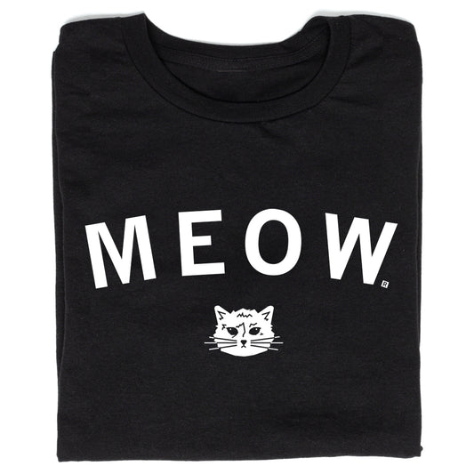 Black RAYGUN T-shirt with MEOW printed in white capital letters above a graphic of a cat’s face.