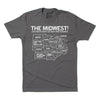 Short-sleeve grey t-shirt with white ink depicting a satirical map of the Midwest with text above that reads "The Midwest! A Map Made By People That Aren't From The Midwest"