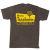 Dark gray union-made t-shirt with a yellow graphic featuring a stylized tree and the text Mount Trashmore, Cedar Rapids, Iowa, Elevation 948 ft.