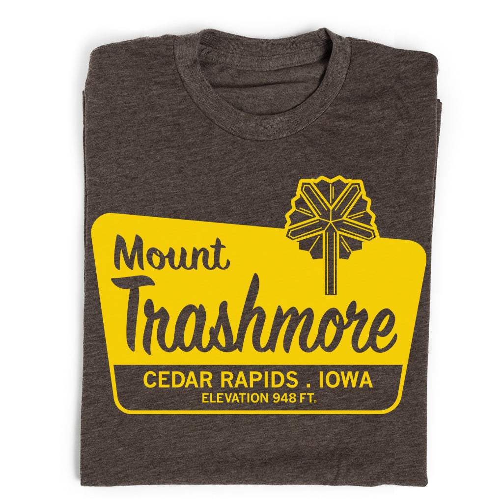 Dark gray union made t-shirt featuring a yellow Mount Trashmore graphic from Cedar Rapids, Iowa, displaying an elevation of 948 ft.