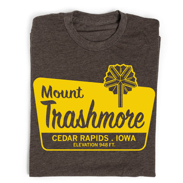 Dark gray union made t-shirt featuring a yellow Mount Trashmore graphic from Cedar Rapids, Iowa, displaying an elevation of 948 ft.