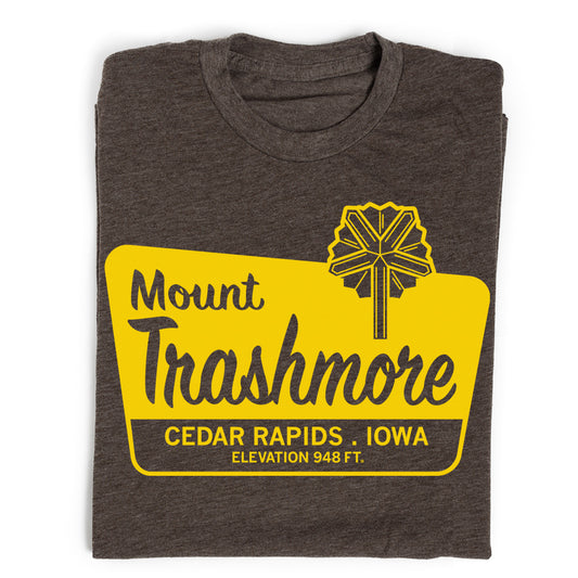 Dark gray union made t-shirt featuring a yellow Mount Trashmore graphic from Cedar Rapids, Iowa, displaying an elevation of 948 ft.