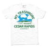 White t-shirt featuring an Iowa landscape graphic and the text MT. TRASHMORE CEDAR RAPIDS ELEVATION 948 FT.