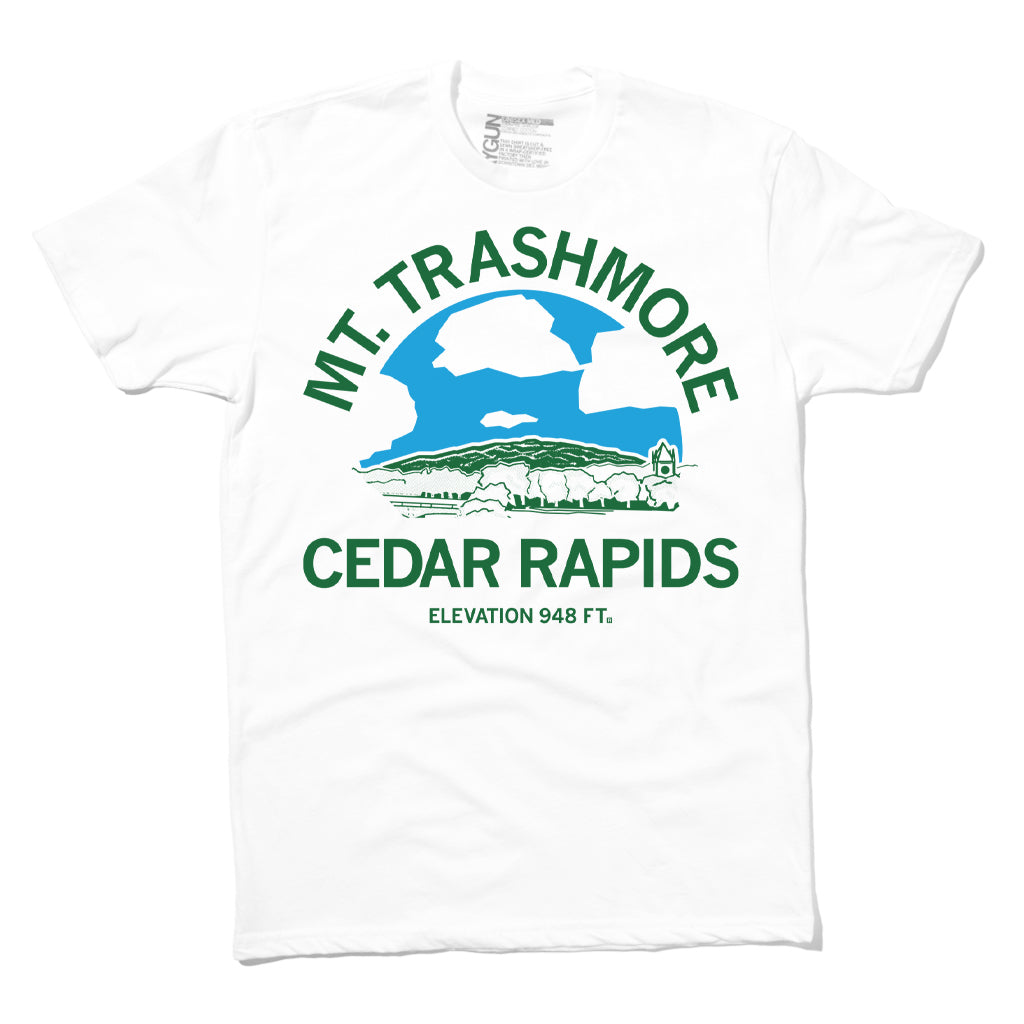 White t-shirt featuring an Iowa landscape graphic and the text MT. TRASHMORE CEDAR RAPIDS ELEVATION 948 FT.