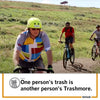 Three people mountain biking on a grassy hill trail at Mount Trashmore, with a caption that reads, One person’s trash is another person’s Trashmore.