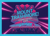 A stylized postcard graphic of the Cedar Rapids landscape featuring the text Mount Trashmore! accented by pink and blue neon-style highlights.
