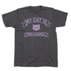 Dark gray, union made t-shirt featuring a purple graphic of a cat face and banners that read, MY CAT IS PRO-CHOICE.