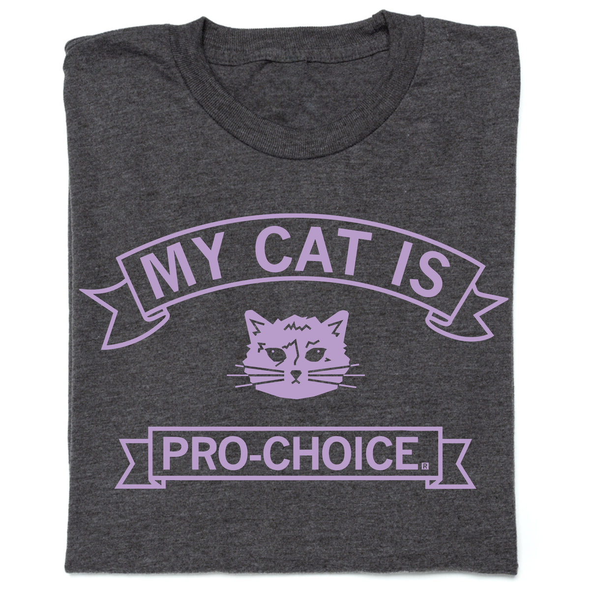 Charcoal gray union-made t-shirt with a light purple graphic of a cat and the text MY CAT IS PRO-CHOICE.