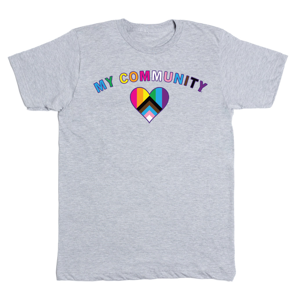 Gray sweatshop-free t-shirt featuring the text MY COMMUNITY above a heart icon designed with stripes in rainbow, black, brown, blue, pink, and white representing the queer community.