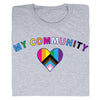 Grey union labor t-shirt with the text MY COMMUNITY in multicolored letters above a heart featuring the Progress Pride flag.