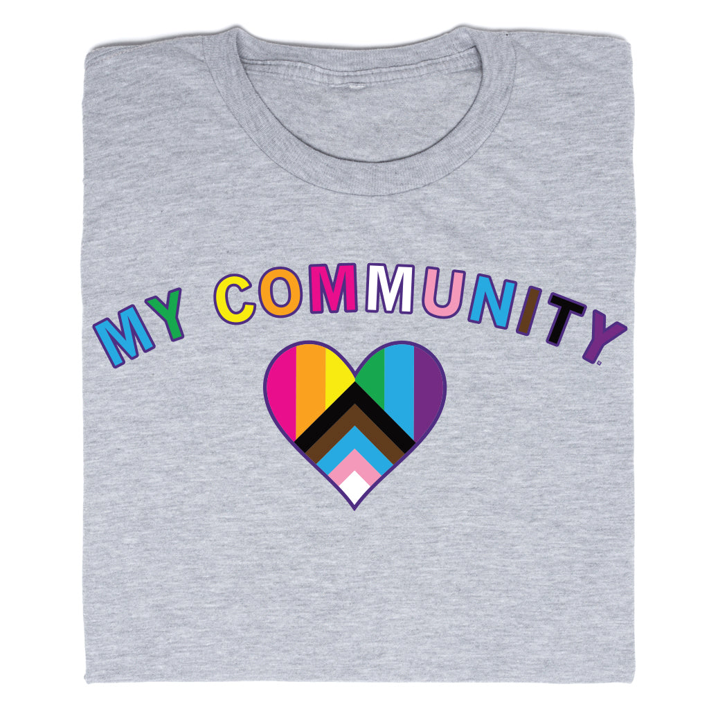 Grey union labor t-shirt with the text MY COMMUNITY in multicolored letters above a heart featuring the Progress Pride flag.