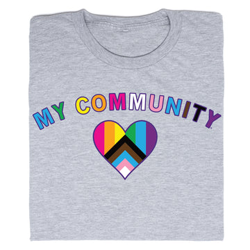 Grey union labor t-shirt with the text MY COMMUNITY in multicolored letters above a heart featuring the Progress Pride flag.