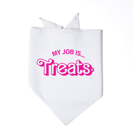 White RAYGUN screen-printed dog bandana with the pink text MY JOB IS... Treats.