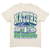 Heavyweight ivory t-shirt with a cream-colored graphic reading Go touch grass, Nature is cool, Please take care of it, featuring illustrations of a mushroom, a butterfly, a frog, and text bubbles about insects, plants, fungi, and amphibians.