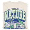 Heavyweight ivory t-shirt featuring a GO TOUCH GRASS NATURE graphic with illustrations of a mushroom, butterfly, and frog, accompanied by text bubbles reading INSECTS: WOW!, PLANTS: NEATO!, FUNGI: FUN!, and AMPHIBIANS: OH BOY!.