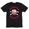Union-made black t-shirt featuring a red cat in a football helmet over crossed bones, with the text NEBRASKA above and BLACK CATS below in red letters.