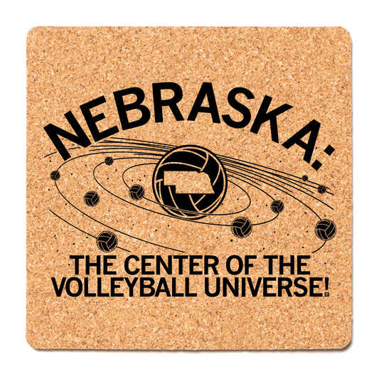 Square Nebraska volleyball cork coaster printed with a volleyball orbiting smaller volleyballs and the text NEBRASKA: THE CENTER OF THE VOLLEYBALL UNIVERSE!.
