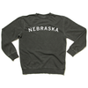 Union made charcoal grey crewneck sweatshirt featuring NEBRASKA printed in white lettering across the chest.