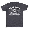 Charcoal Nebraska volleyball t-shirt featuring a graphic of the state inside a volleyball surrounded by orbiting balls, with text reading: NEBRASKA: THE CENTER OF THE VOLLEYBALL UNIVERSE!.