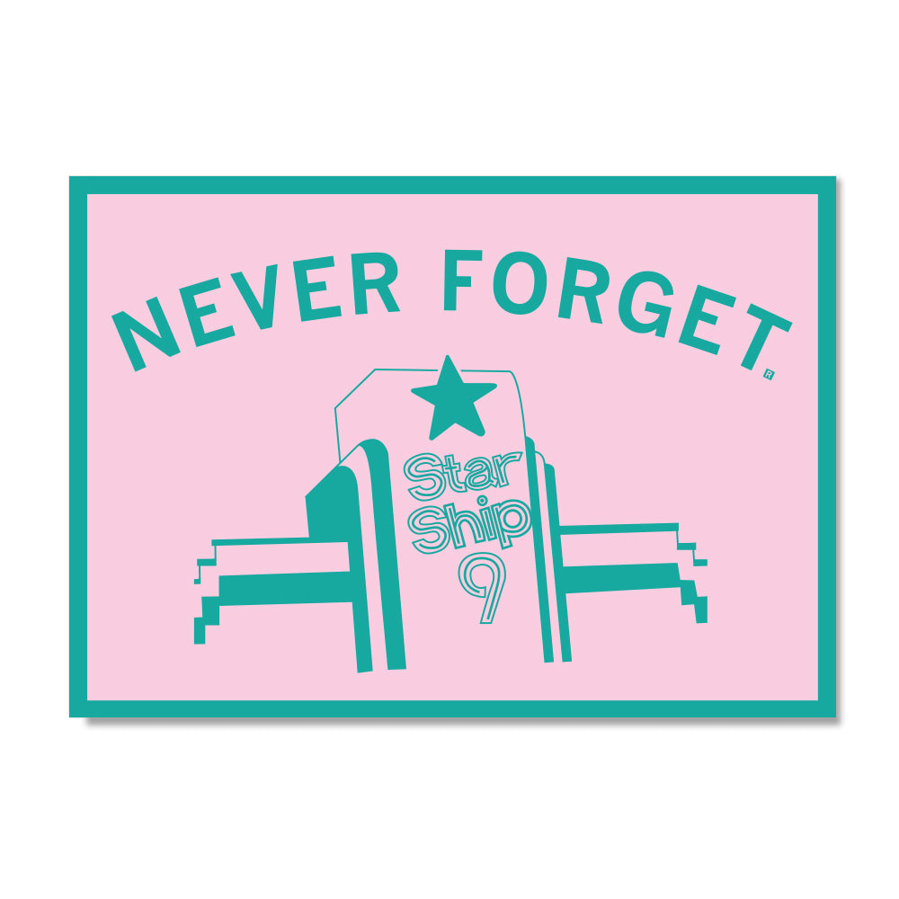 A teal and pink RAYGUN postcard featuring the text NEVER FORGET above an illustration of a retro-futuristic Star Ship 9 building with a star icon.