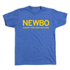 Blue RAYGUN T-shirt featuring yellow NEWBO text above the phrase SHORT FOR NEW BOSTON.