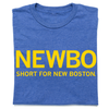 Blue RAYGUN T-shirt with the yellow text NEWBO above SHORT FOR NEW BOSTON.