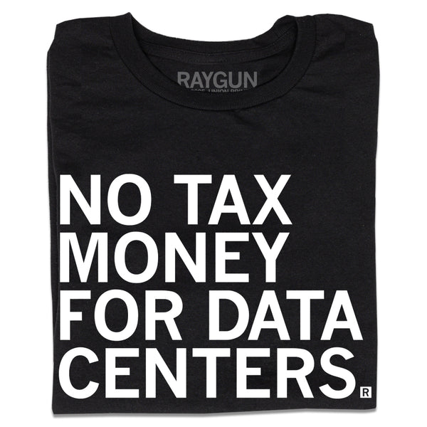 A folded black t-shirt with white ink text that reads 