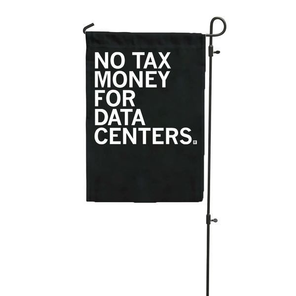 Black garden flag with white ink text that reads 