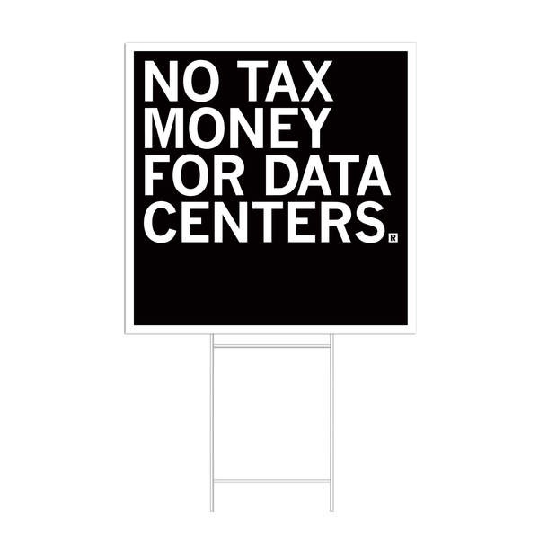 Square black yard sign with white border and text that reads 
