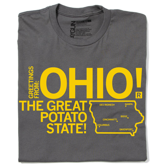 Dark grey Ohio t-shirt featuring the text Greetings from: Ohio! The Great Potato State! alongside an outline map of Idaho filled with the names of Iowa cities.
