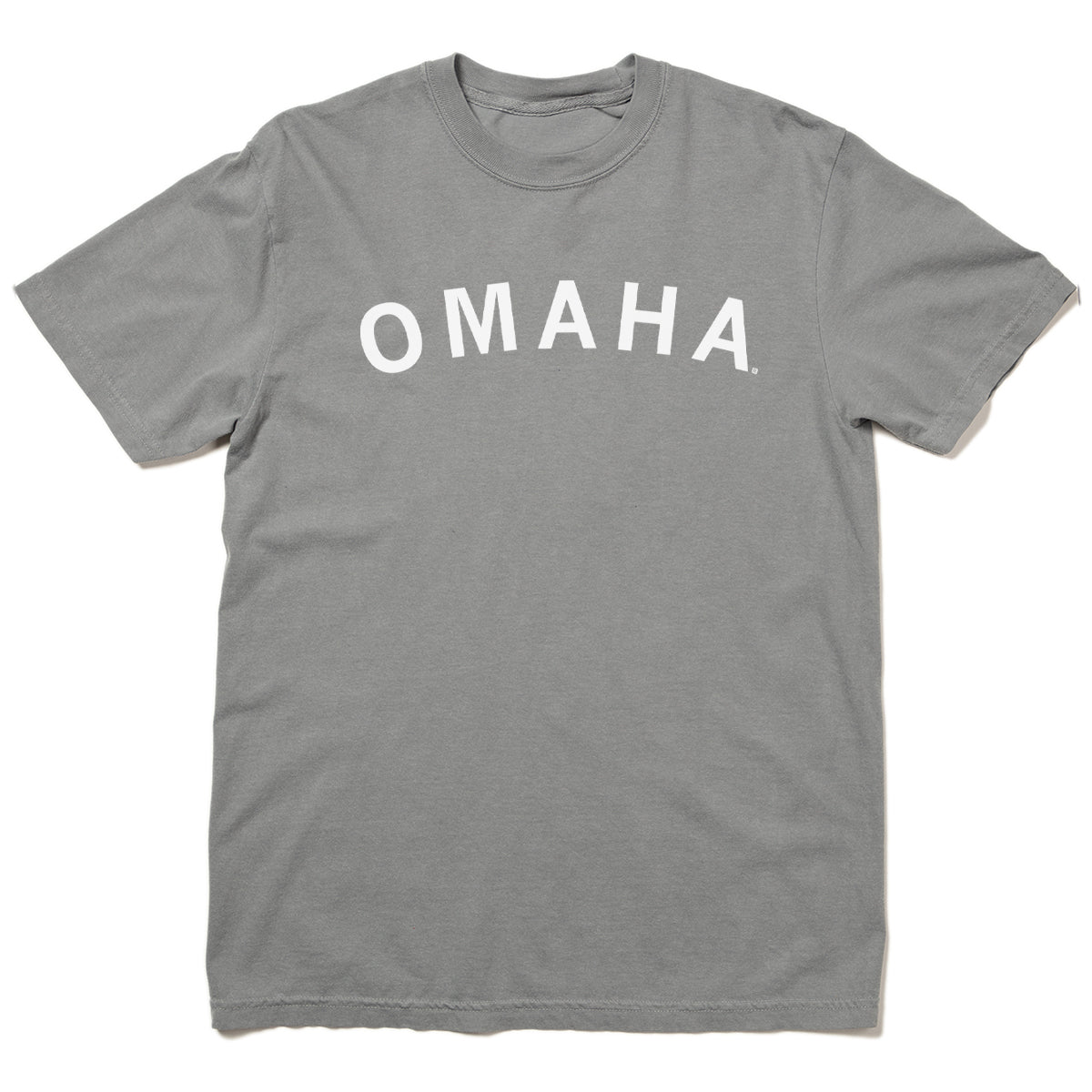 Heavyweight gray short-sleeve crewneck T-shirt with OMAHA printed in white capital letters across the chest.