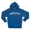 Blue Omaha pullover hoodie with white lettering printed across the chest.