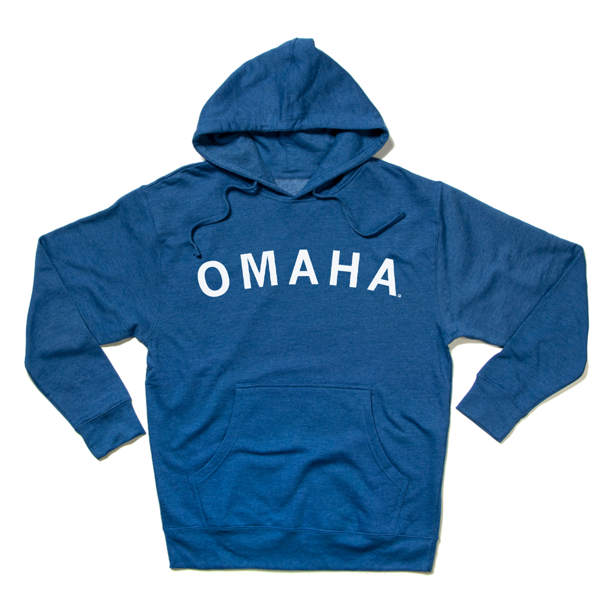 Blue Omaha pullover hoodie with white lettering printed across the chest.
